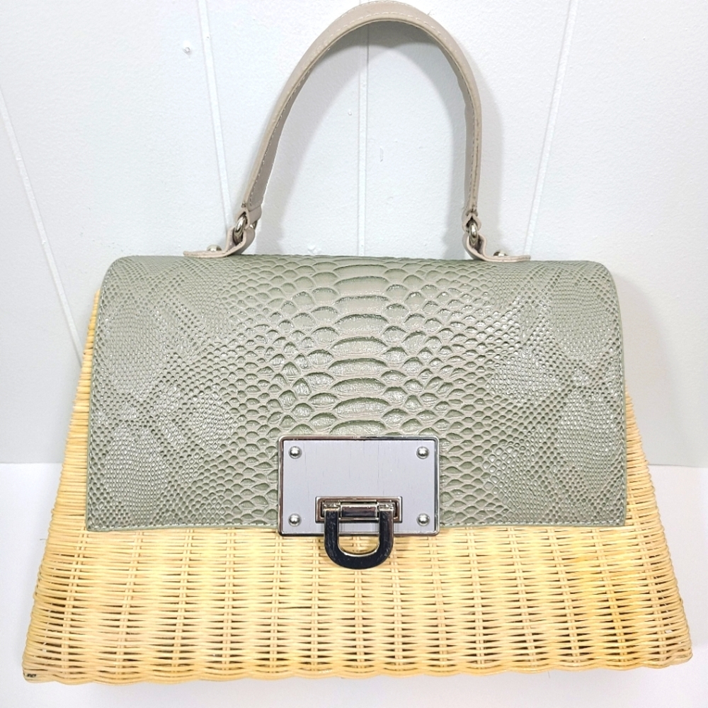 Italian Leather Wicker Bag Straw Jute Python Snake Leather Flap Turnlock Satchel